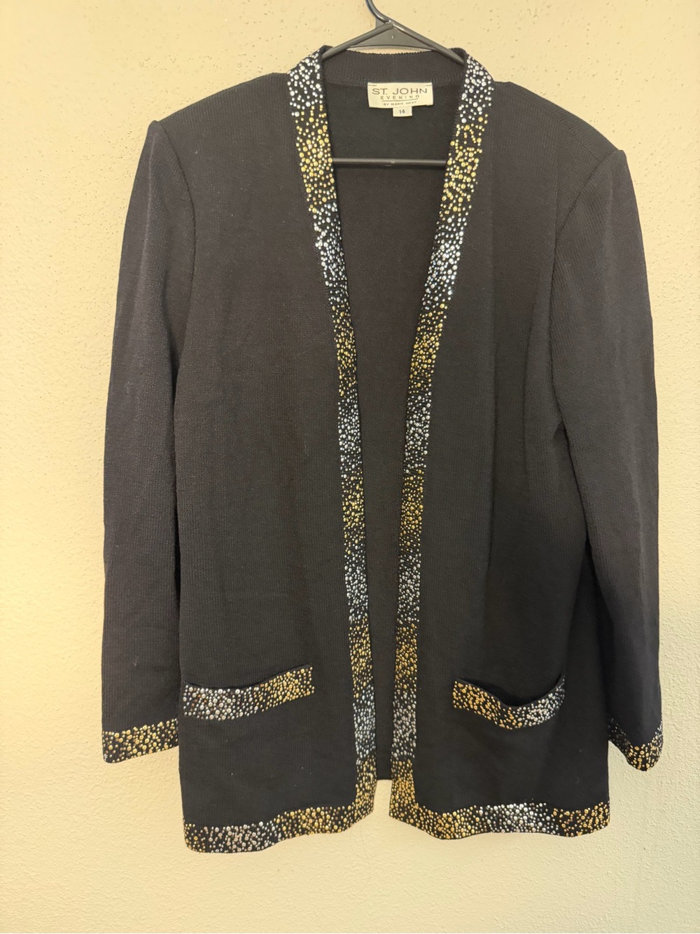 St. John Black Knit Open Cardigan with Gold & Silver Dot Trim